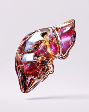 A vibrant and translucent liver model showcases intricate patterns resembling a galaxy. It appears to float against a light background, highlighting details and colors within.の素材