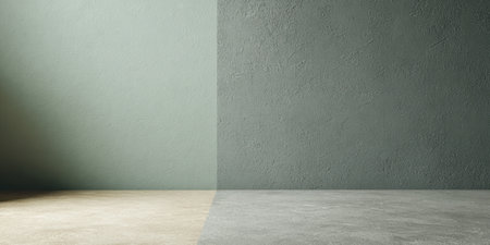 A contemporary room features one wall in a soft green hue and the adjacent wall in a darker shade. The flooring is smooth, enhancing the minimalistic design of the space.の素材
