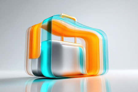 Bright and modern suitcase design showcases vibrant colors like orange, turquoise, and silver. The abstract shape emphasizes creativity and travel, appealing to a youthful audience.の素材