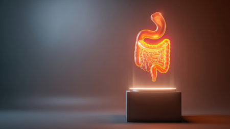 This artwork showcases a glowing 3D model of the human digestive system displayed on a pedestal in a dark, illuminated space, highlighting its intricate structures and features.の素材