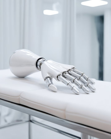 A sleek robotic hand rests on a clean examination table inside a modern clinic. The shiny surface and detailed design showcase advancements in technology for medical applications.の素材