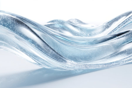 Smooth, flowing glass structures that resemble waves, reflecting light and creating sparkling effects. The glass displays a clear, tranquil aesthetic.の素材