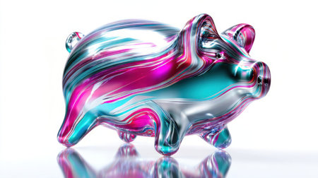 A vibrant glass piggy bank is displayed against a bright white background. This unique piece features swirling colors of pink, teal, and silver, showcasing its artistic design.の素材