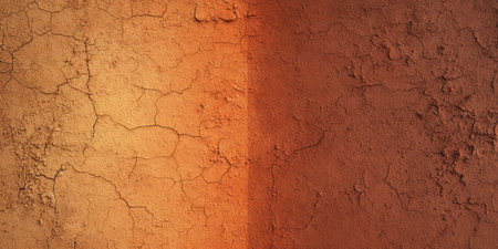 A close-up view of a cracked clay wall displaying earthy tones during golden hour. The surface features distinct shades of orange and brown, highlighting natural patterns.の素材