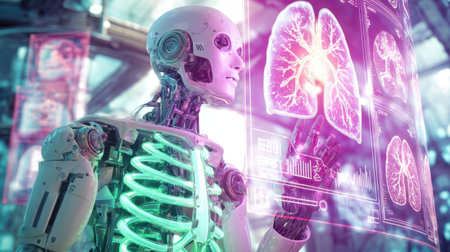 A humanoid robot studies a glowing hologram of lungs in a high-tech laboratory. The atmosphere is vibrant and advanced, showcasing medical technology and innovation.の素材