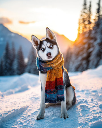 A husky dog sits on snowy ground wearing a colorful scarf. The golden sunset lights up the background mountains and trees, creating a beautiful winter scene.の素材