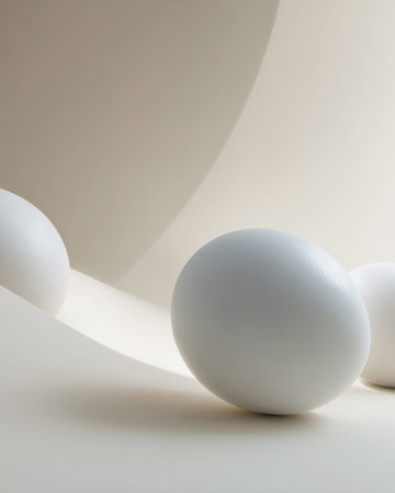 Soft white rest eggs on a gentle surface, illuminated by natural light. Their smooth surfaces create an elegant contrast with the soft textures in the background.の素材