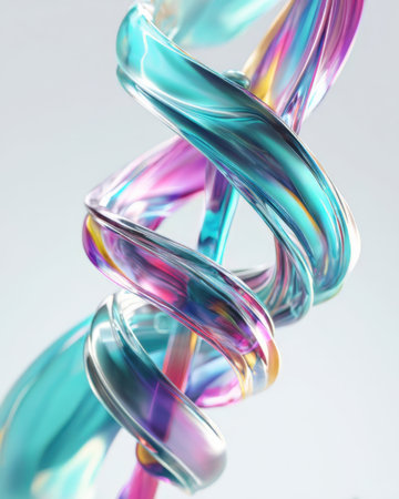 A vibrant twisted sculpture made of glass displays a mix of colors including blue, pink, and yellow. The smooth surfaces reflect light, creating an artistic effect in a bright setting.の素材