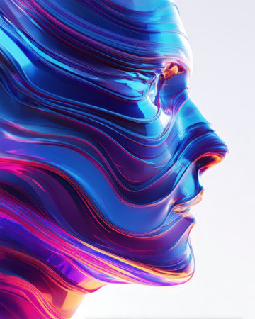 A vibrant and colorful abstract representation of a human-like face, showing smooth flowing patterns and light reflections.の素材