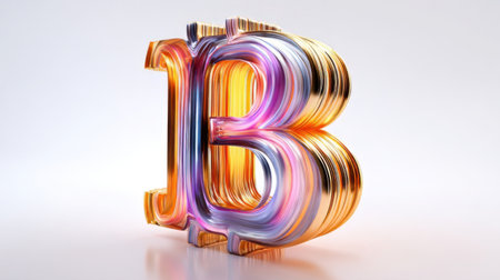 A glossy bitcoin symbol stands out with vibrant hues of orange, purple, and gold. The three-dimensional design reflects light and showcases the cryptocurrency's modern appeal.の素材