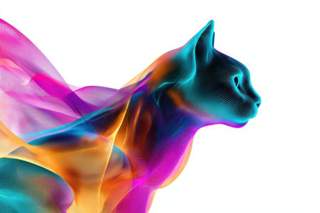 A vibrant cat silhouette emerges from flowing, colorful fabric. The design features gradients of blue, purple, and orange, creating a dynamic and artistic appearance.の素材