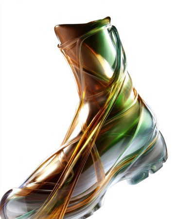 A unique soccer boot is showcased with vibrant color swirls, emphasizing its innovative design. The boot appears to be made of a translucent material, catching the light beautifully.の素材