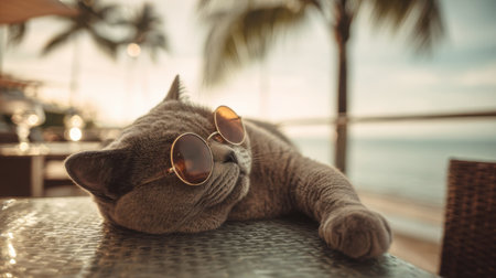 A gray cat with sunglasses lounges on a table near the beach, enjoying the calm ocean breeze. Palm trees sway in the background under a clear sky, creating a serene atmosphere.の素材