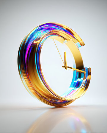 A striking clock stands out with its vibrant glass structure and sleek design. The timepiece features a unique circular shape, showcasing colorful reflections under bright light.の素材