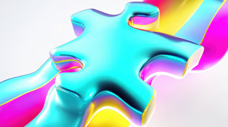 A shiny, abstract figure in blue and pink colors stands out on a bright background. The design showcases smooth curves and a playful shape, creating a lively visual effect.の素材