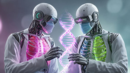 Two humanoid robots in lab coats stand facing each other, analyzing a glowing DNA strand. They wear masks and show colorful internal structures amidst a high-tech lab environment.の素材