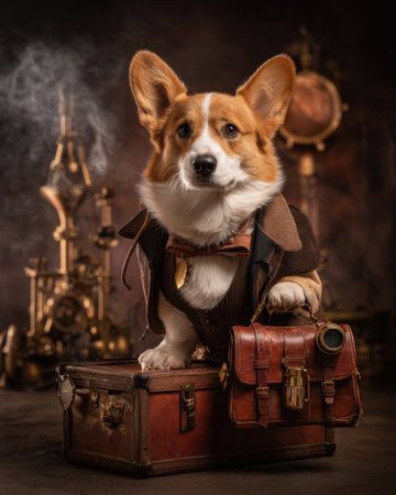 A corgi with a bowtie and vest stands confidently on top of steampunk-style luggage. The background features vintage instruments and a smoky atmosphere, creating a whimsical vibe.の素材