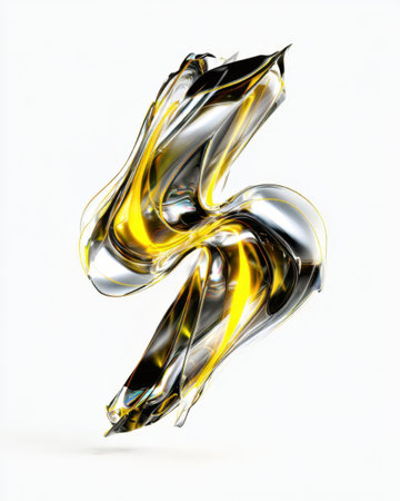 A sculptural representation of the number five is captured, featuring a blend of transparent, metallic, and yellow colors that create a dynamic and fluid appearance.の素材