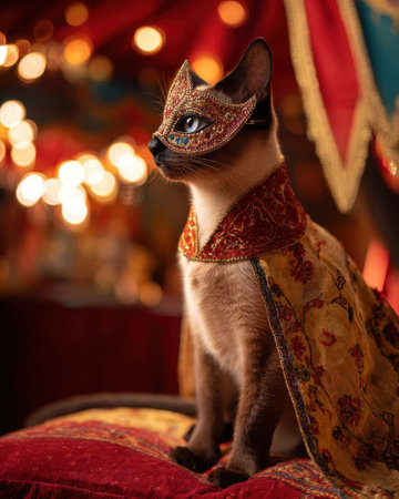 A cat sits proudly on a plush surface, wearing a colorful costume and mask. The surrounding decor features vibrant drapes and soft lights, creating a festive atmosphere.の素材