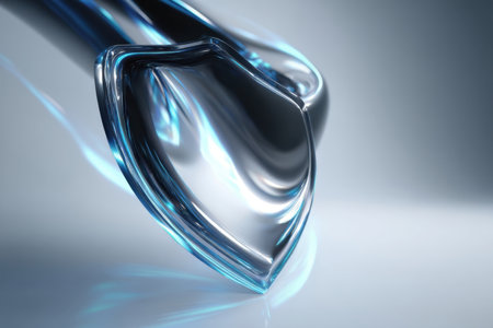 A stunning blue glass sculpture stands out with its unique leaf-like shape. The smooth surface reflects light, creating a captivating and artistic visual display in a serene setting.の素材