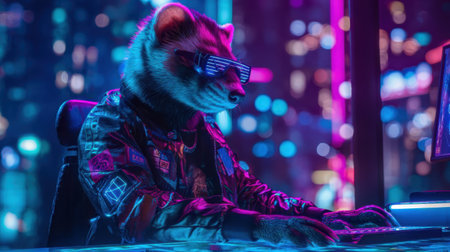 A raccoon wearing sunglasses types on a computer in a vibrant cyberpunk city scene filled with colorful lights. The atmosphere is lively and energetic at night.の素材