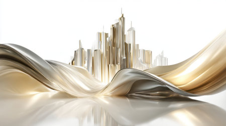 A dynamic representation of a city skyline featuring elegant metallic structures, smoothly flowing elements, and an ethereal background.の素材