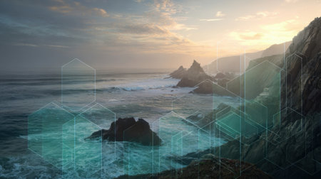 Waves crash onto the rocky shoreline as the sun sets, casting a warm glow over the landscape. Mist rises from the ocean, creating a serene and peaceful atmosphere.の素材