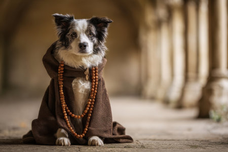 A dog wearing a brown cloak and wooden beads sits in an ancient stone building. The architecture features arches and a tranquil atmosphere, suggesting a peaceful setting.の素材