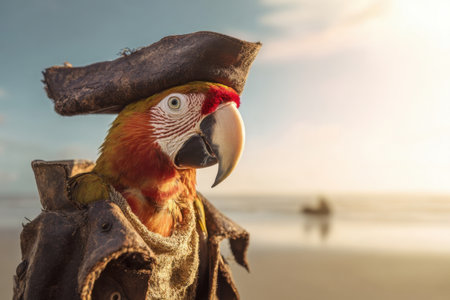 A vibrant parrot wearing a torn pirate hat and coat stands on a sandy beach during sunset. The sky is painted in warm colors, and distant figures can be seen near the water.の素材