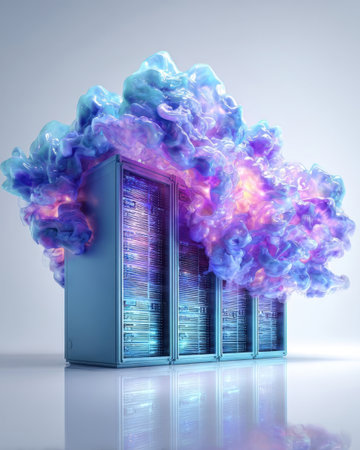Modern data servers stand in a sleek environment as vibrant clouds of color swirl above them. The scene suggests a blend of technology and creativity, inspiring innovation.の素材