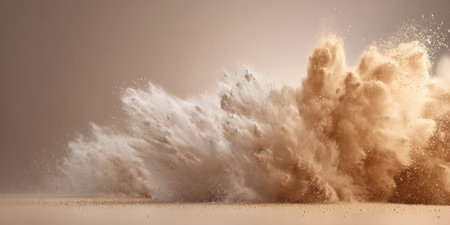 An impressive display of dust and sand clouds billows into the air, capturing the power of nature during a desert storm under soft light conditions and a gentle color palette.の素材