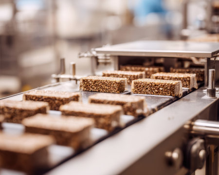 Healthy snack bars move along a conveyor belt in a busy food factory. Workers monitor the production process to ensure quality and efficiency throughout the day.の素材