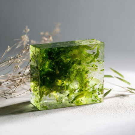 A clear resin block captures lively green elements and plant materials. It rests on a light surface alongside dried flowers, creating a serene, organic feel.の素材