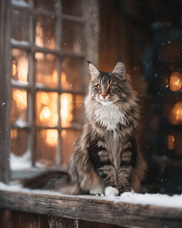 A fluffy cat with a thick coat sits on a wooden windowsill, gazing out into the snowy landscape as soft light fills the cozy cabin during dusk.の素材