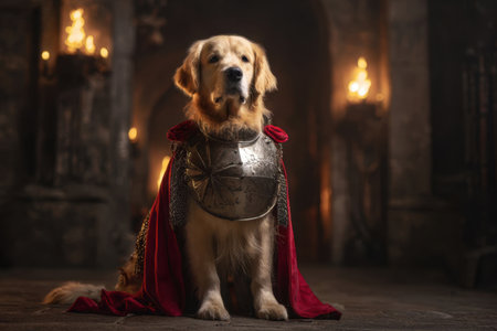 A golden retriever is dressed in shining armor with a red cape in a dimly lit castle. Flickering torches create a dramatic atmosphere around the loyal canine warrior.の素材