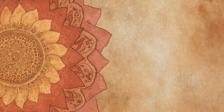 An intricate mandala design in warm colors is displayed on a textured background. The artwork features detailed patterns that create a serene and calming atmosphere.の素材