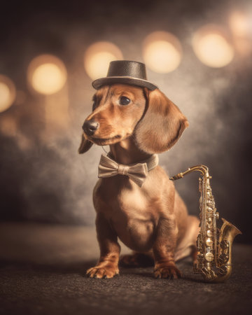 A stylish dachshund sits confidently, wearing a small black hat and bow tie next to a shiny saxophone. The background is softly lit, creating a warm, inviting atmosphere.の素材