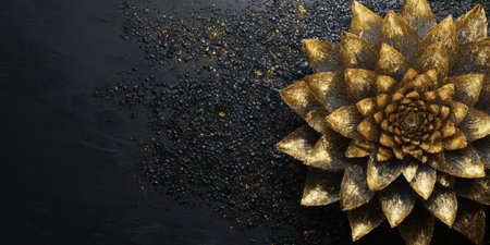 A detailed decorative flower in gold tones rests on a dark surface, surrounded by a sprinkling of black particles, creating a striking visual contrast.の素材