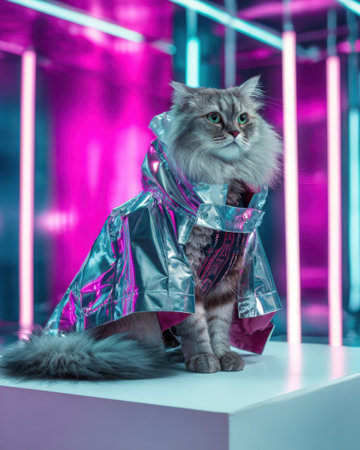 A fluffy cat wearing a reflective coat sits confidently on a pedestal while bright neon lights create a colorful backdrop. The scene mixes modern fashion with vibrant colors.の素材