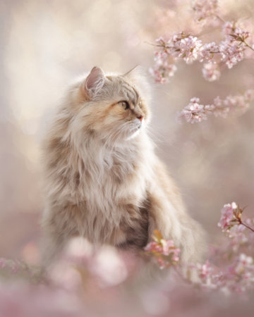A fluffy cat sits gracefully among delicate cherry blossoms, capturing the beauty of spring. The soft pink flowers create a serene background as the cat looks thoughtfully.の素材