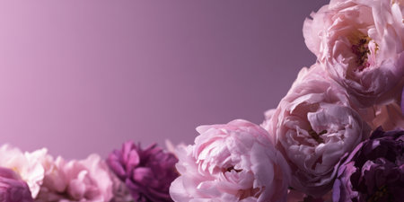 Delicate pink and purple flowers create a lovely arrangement against a smooth, soft background. The hues blend gently, showing nature's beauty in a calming manner.の素材