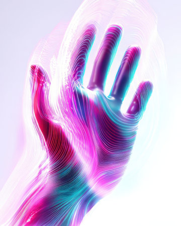 A vibrant hand with flowing, swirling patterns in shades of purple and blue is displayed against a light background, showing modern digital art techniques and creativity.の素材