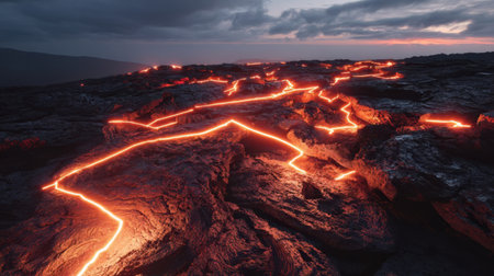 Molten lava weaves through rugged terrain as dusk falls, creating a dramatic contrast against the dark rocks and illuminating the sky with warm hues.の素材