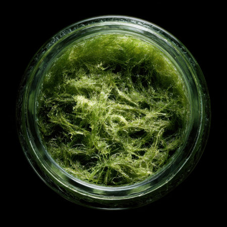 A close-up view displays green algae inside a clear jar. The vibrant hues and intricate textures create an interesting visual effect, emphasizing the natural beauty of algae.の素材