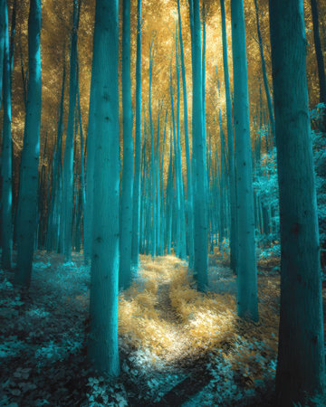 A mystical forest features tall trees reaching for the sky. Sunlight filters through the leaves, creating a magical atmosphere full of vibrant colors that inspire wonder.の素材
