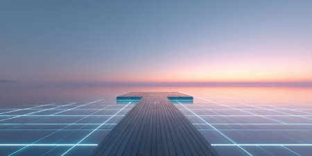 A calm waterfront scene features a glowing dock extending into the tranquil water, with a stunning sunset casting soft hues across the sky. The horizon reflects the serene ambiance.の素材