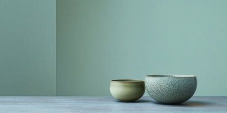 Two modern bowls sit elegantly on a textured table, showcasing their unique designs against a soft pastel wall. The scene emphasizes simplicity and contemporary aesthetics.の素材