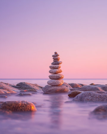 Smooth stones form a careful stack near the waters edge as gentle waves lap against them during a peaceful sunset. The sky is painted in soft hues of pink and purple.の素材
