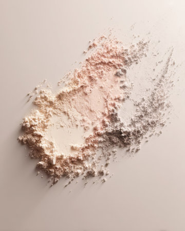 A variety of colored powders are scattered across a smooth surface, showing hues of pink, beige, and gray. The arrangement forms a creative and vibrant pattern.の素材