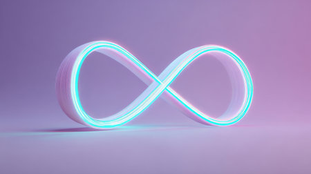 A vibrant infinity symbol glows with neon colors, set against a soft purple gradient background. The design reflects creativity and limitless possibilities, capturing attention.の素材